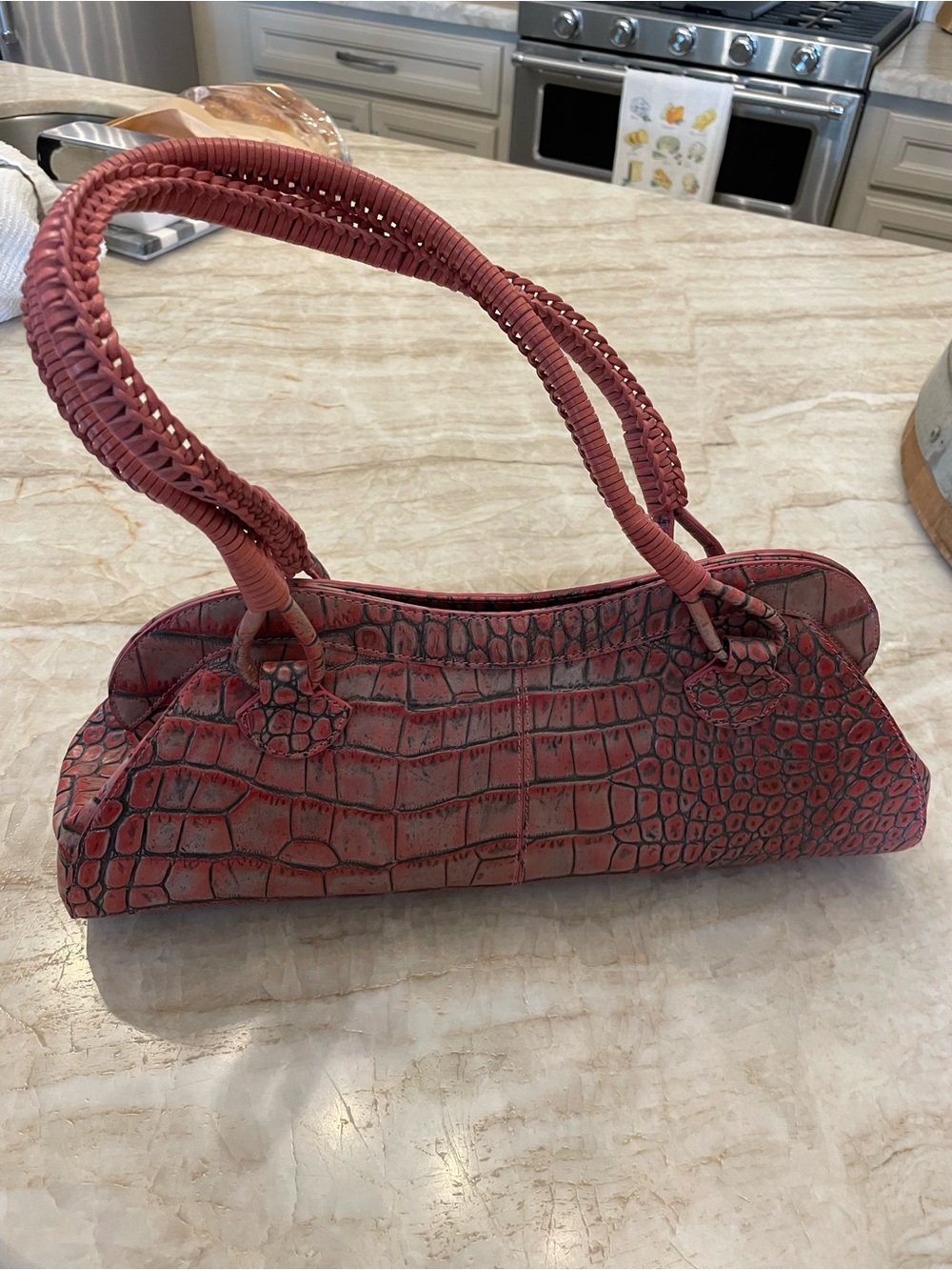 Croc-Embossed Red Shoulder Bag with Braided Handles